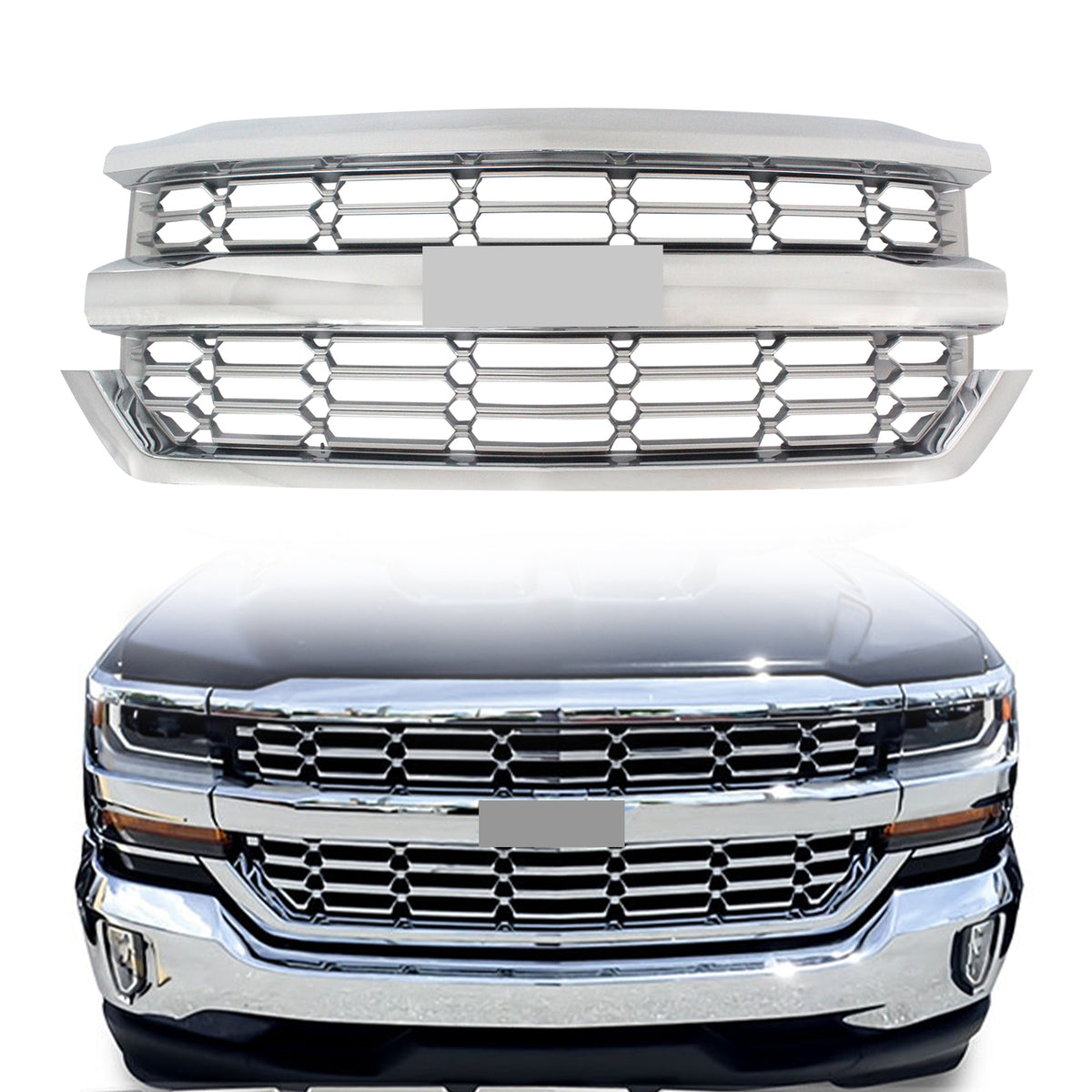 Front Bumper Upper Grille Chrome for 2016 2017 2018 2019 Chevy Silverado 1500
