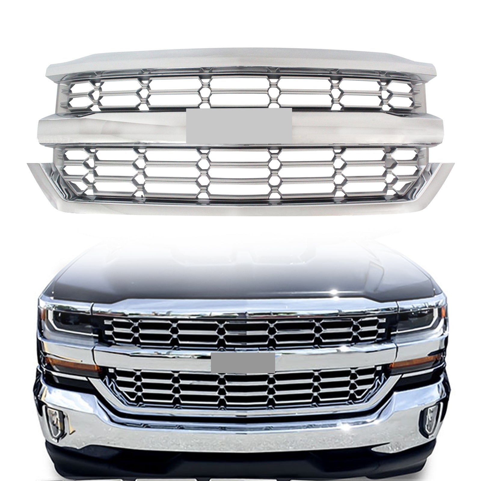 Front Bumper Upper Grille Chrome for 2016 2017 2018 2019 Chevy Silverado 1500